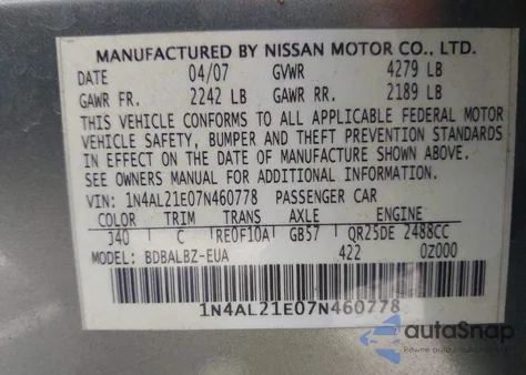 2007 Nissan Altima 2.5 S from USA, damaged, VIN 1N4AL21E07N460778